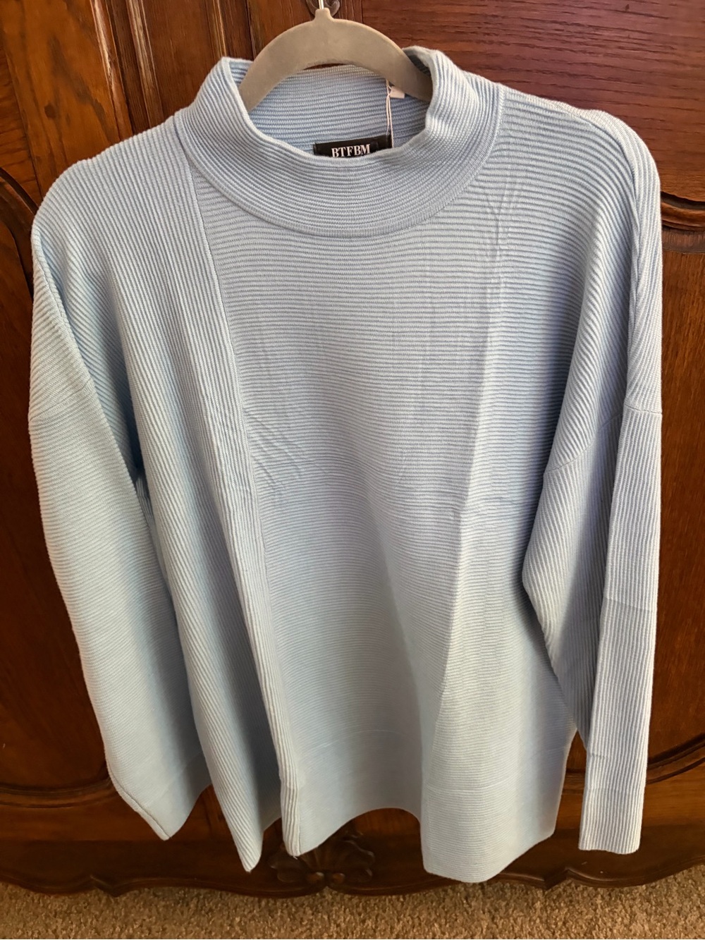 BTFBM Women's Sky Blue Ribbed Mock Neck Sweater